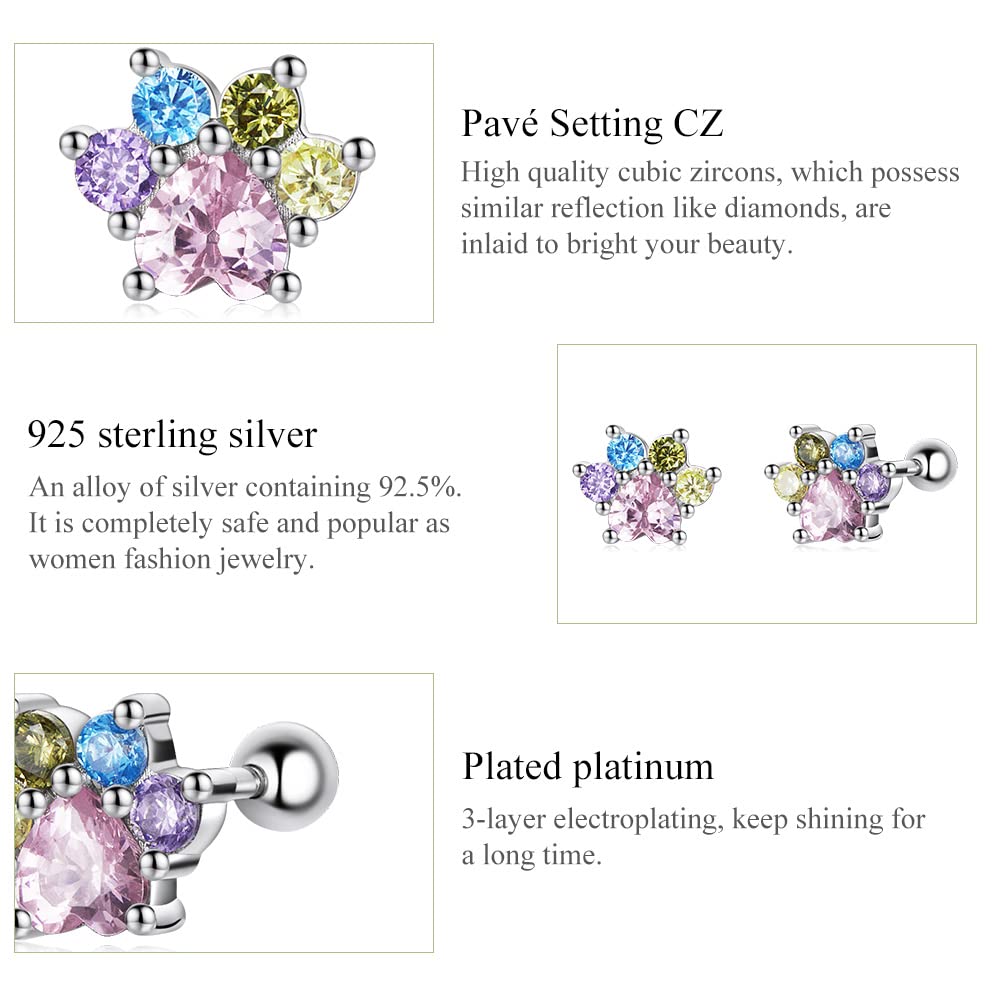 YCTTKDD Bunte Zirkonium-Pfoten-Ohrstecker, 925er-Sterlingsilber, CZ-Edelsteine, Ohrstecker für Damen, Verschluss-Stopper-Perlenschmuck