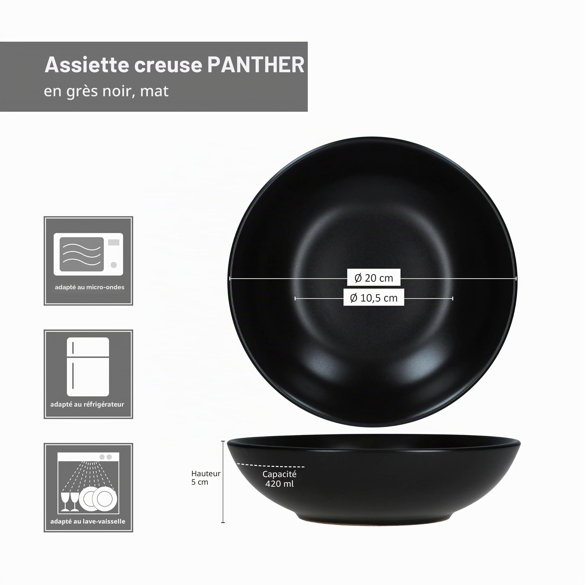 MamboCat Panther Lot de 6 assiettes creuses noires I 420 ml I Assiettes profondes mates en faïence pour 6 personnes