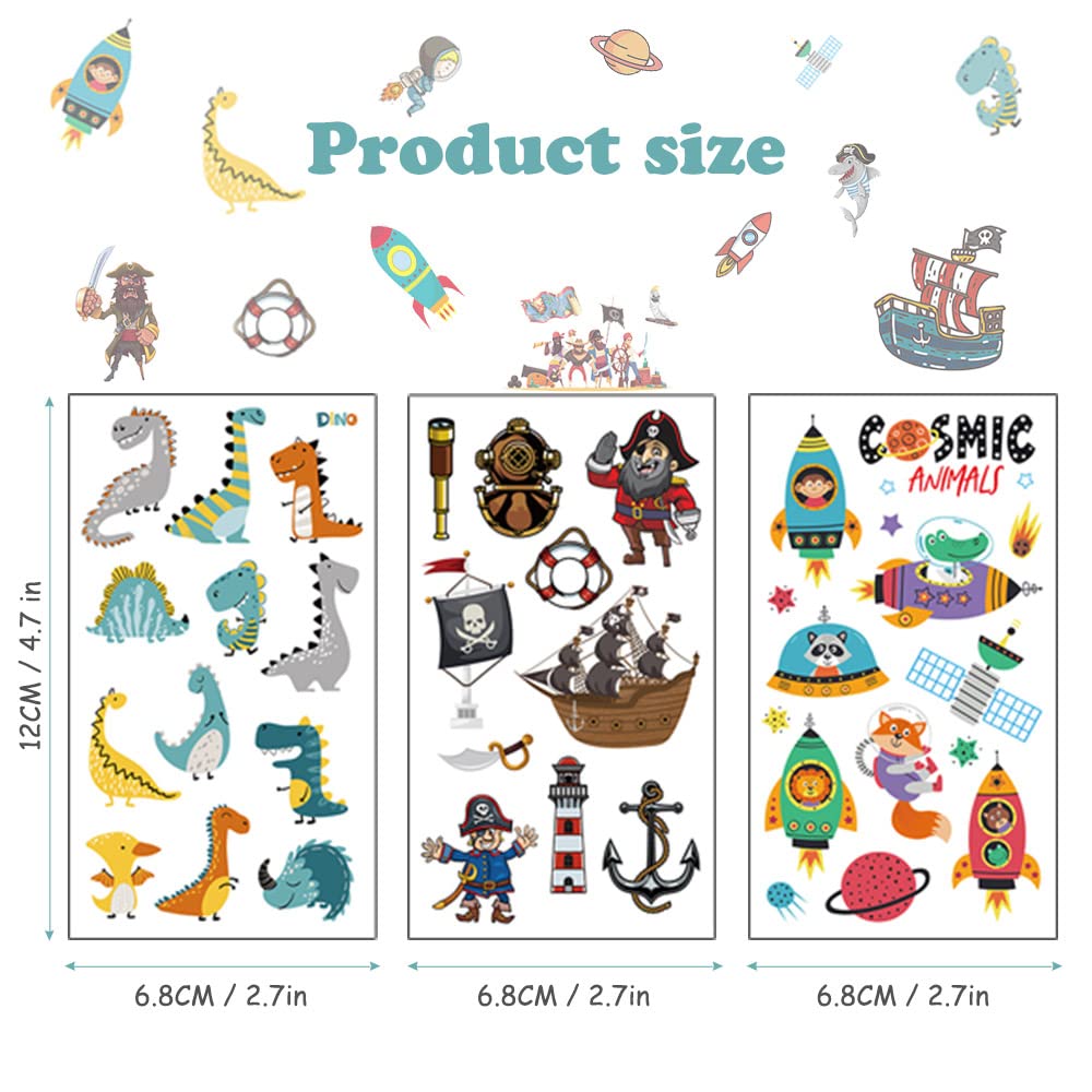 ACWOO Tatuaggi Temporanei per Bambini, 30 Fogli 350 Pezzi Finti per Ragazzi, Set per Adulti Festa Compleann (Dinosauro + Spazio + Pirata)