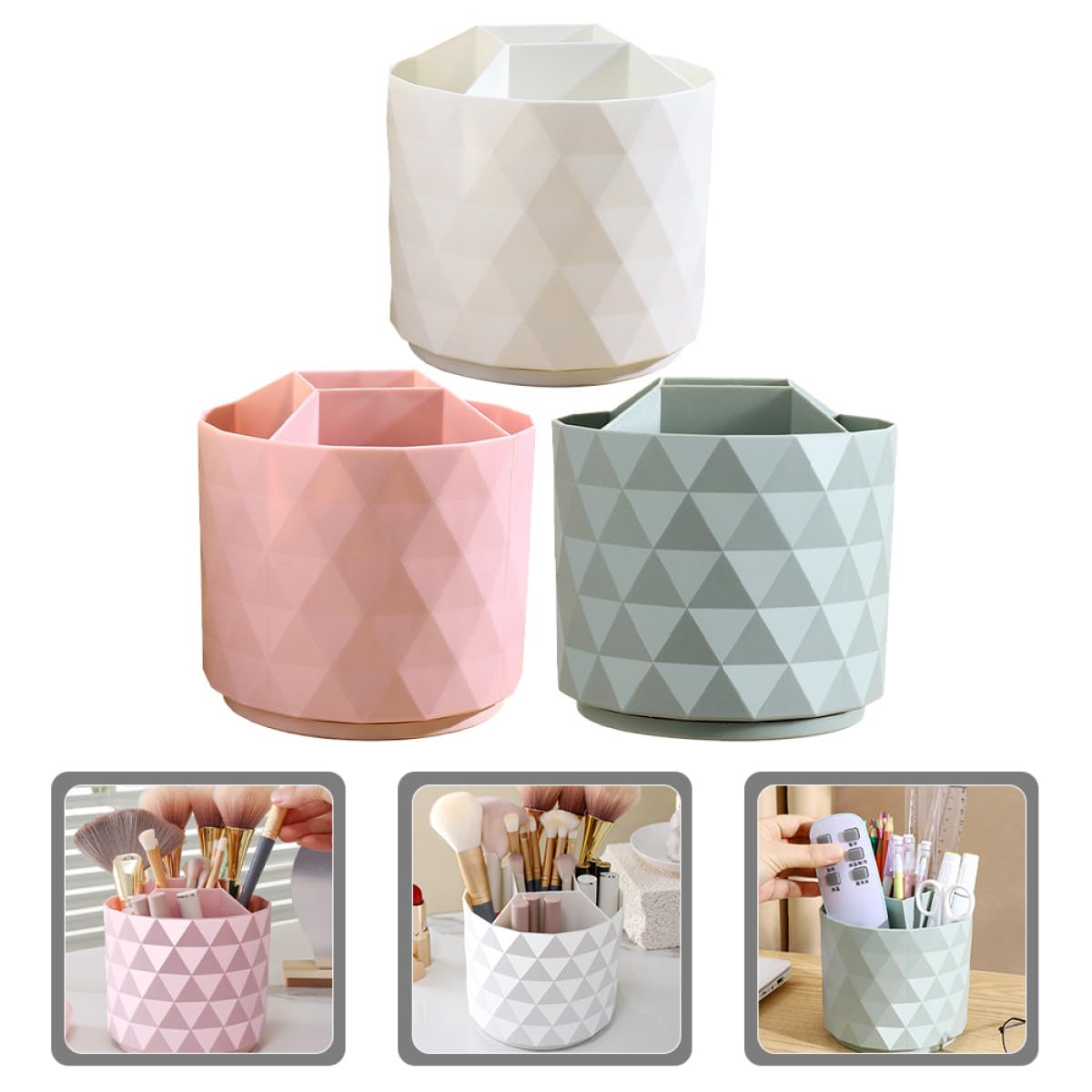 Make Up Pinselhalter Organizer 3 Stück Drehbar aus Robustem PP Material in Weiß Grün Pink für Schminktisch und Schreibtisch Badezimmer Büro