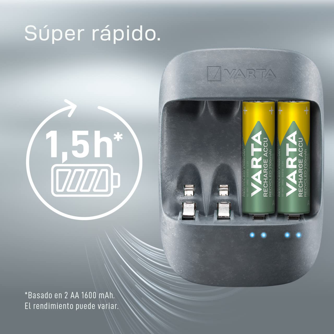 VARTA Cargador de Pilas, incl. 4X AAA 800mAh, cargador para pilas AA/AAA recargables, Eco Charger, carga a ranura única, fabricado con un 50% de material bioplástico