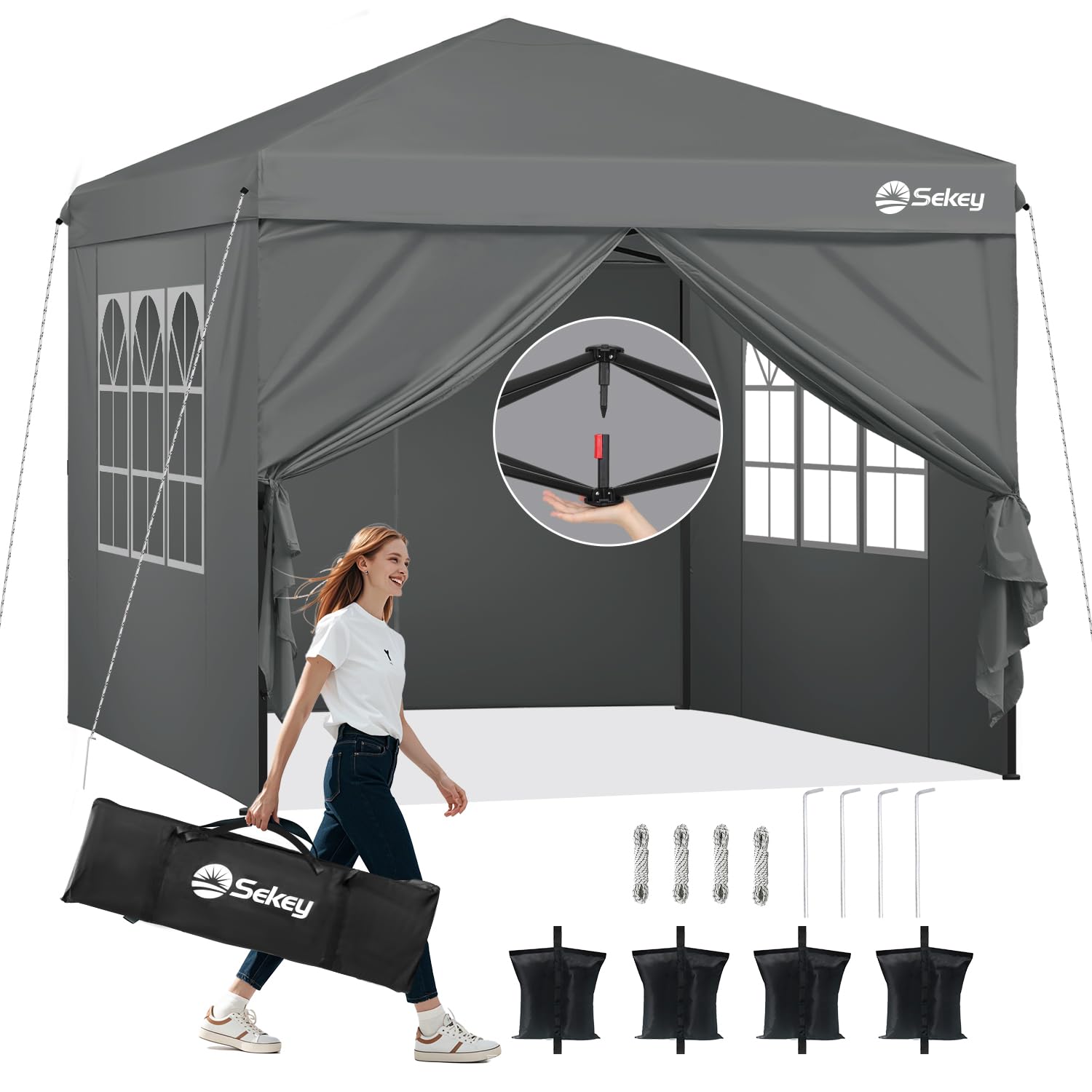 Sekey Premium Faltpavillon 3x3m Wasserdicht & Winterfest, Pop Up Pavillon mit 4 Seitenwänden und Einweg-Privatsphäre-Fenstern – Innen Sichtbar, Außen Blickdicht, Grau