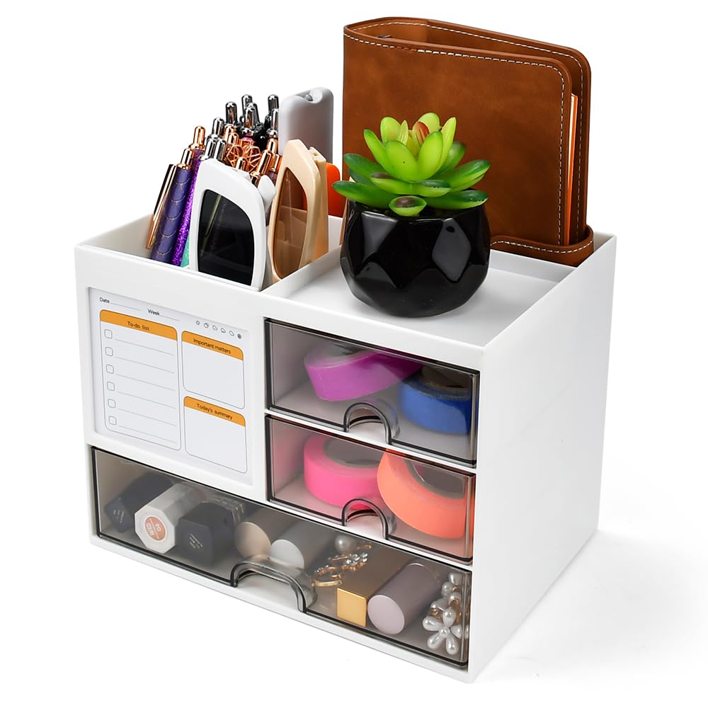 HEKOBAG Organizador de Mesa de Plástico con Cajón, Organizador de Escritorio con Cajón Pequeños, Portalápices Multifuncional con 3 Compartimentos y 3 Cajones, Organizador de Mesa de Plástico con Cajón