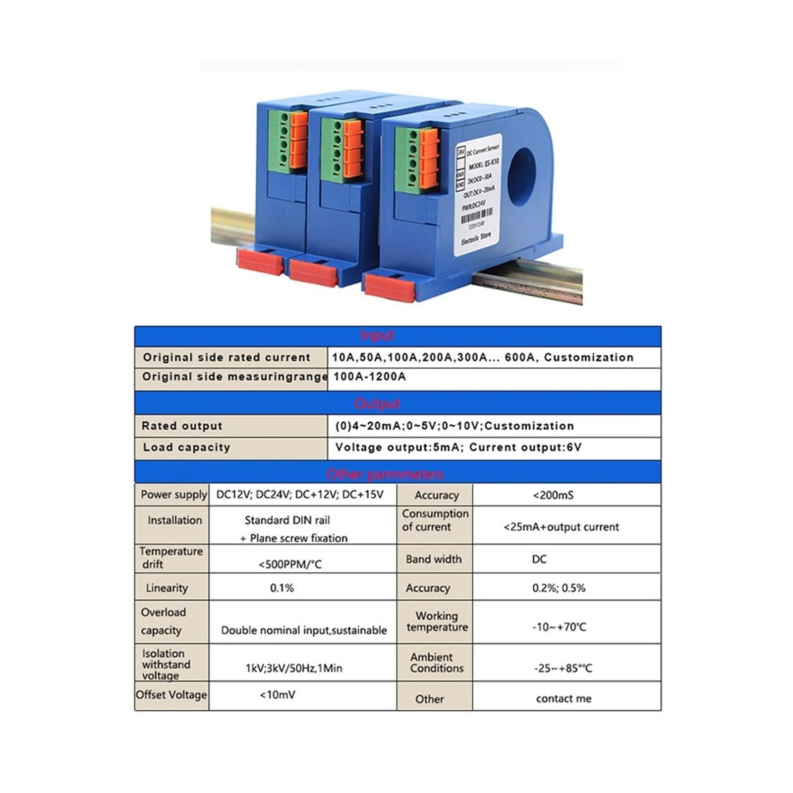 LDHJBNAC 0.2 Accuracy Hall Current sensors 4-20ma 0-10v ac dc Hall Effect Current Sensor transducer 0-800A Input Universal CT sensors(AC DC 0-50A,0-20MA_31MM Aperture_DC24V PWR)