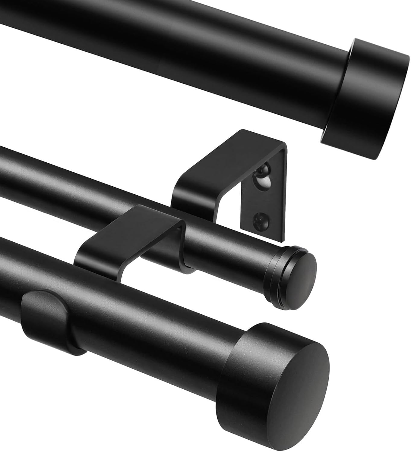 KAMANINA Bundle of 72 to 144 inch Black Double Curtain Rod and 32 to 120 Inch Black Curtain Rod, Modern Simple End Cap