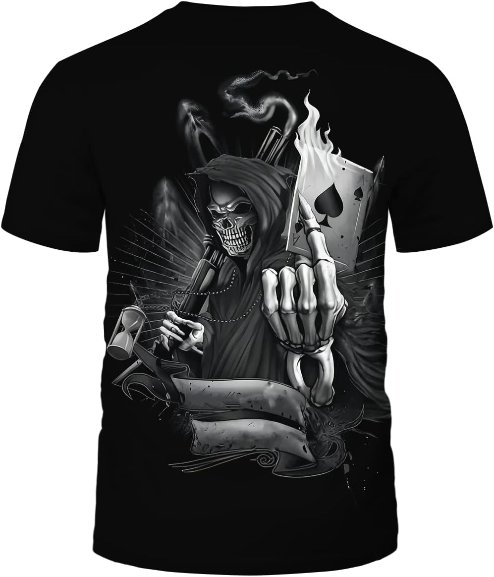 Mens 3D Poker Skull Graphic Tees Casual Short Sleeve T-Shirt Pattern Vintage Funny Casual Shirt - Image 4