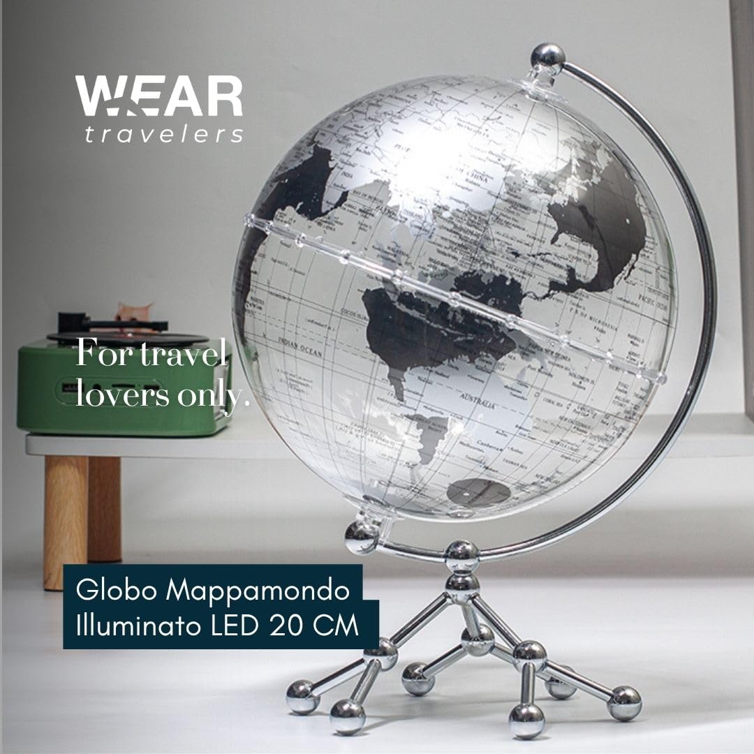 Globo Mappamondo Illuminato LED 20 CM Base in Metallo – Lampada da Tavolo con Mondo Decorativa per Casa, Ufficio, Scuola – Rotazione Manuale 360° – Idea Regalo Educativa Bambini (Argento)