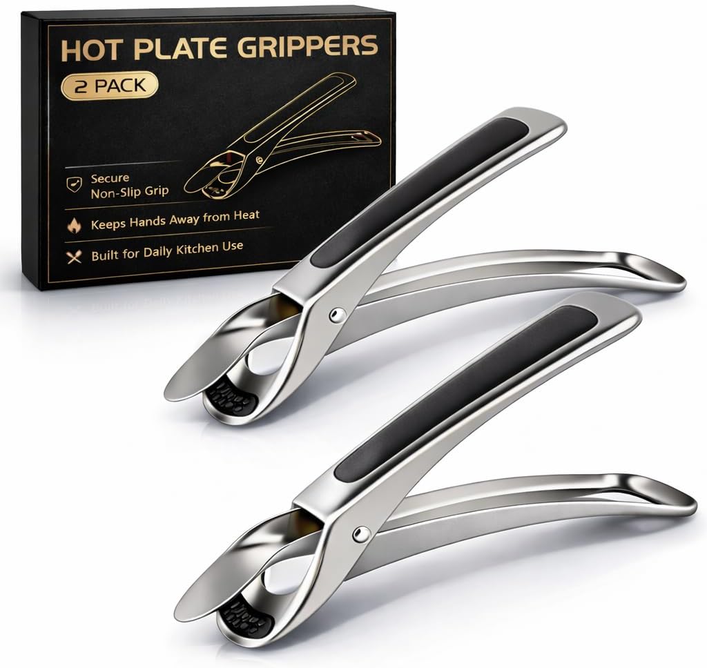 2 Pack Hot Plate Gripper Tongs, Stainless Steel Anti-Scald Plate & Bowl Holder with Non-Slip Silicone Pads, Heat Resistant Pan Grabber for Microwave, Air Fryer, Oven