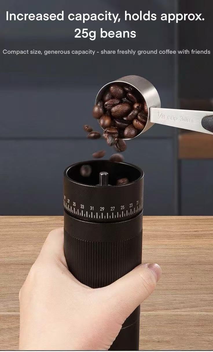 Mini Manual Coffee Grinder - SS CNC Conical Burr, 50 Settings, 25g Capacity Hand Coffee Bean Mill for Travel, Camping, Office, Espresso & Pour Over (Wood Handle Ball) (Black(7 Star Pillars))