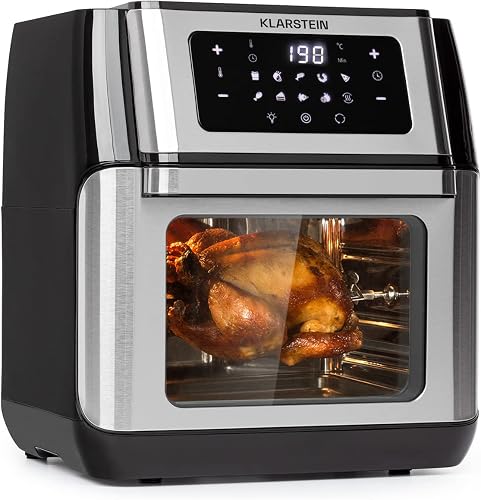 Klarstein AeroVital Fry - Freidora de Aire, 3D Heating System 1500 W, Volumen XL 10 L, 9 Programas, Carcasa Cool-Touch, Temporizador 60 min, Termostato hasta 220 C, Pantalla Tactil, Negro/Plata