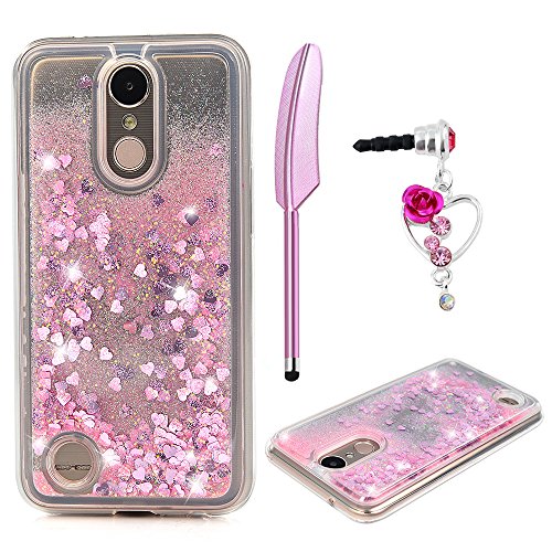 LG K10 Case 2017, LG K20 Plus Case, Glitter Liquid Case Cover Quicksand Bling Sparkle Shiny Moving Flowing Love Heart Slim Thin Soft TPU Bumper Skin for Girls with Stylus Pen Dust Plug ZSTVIVA - Pink