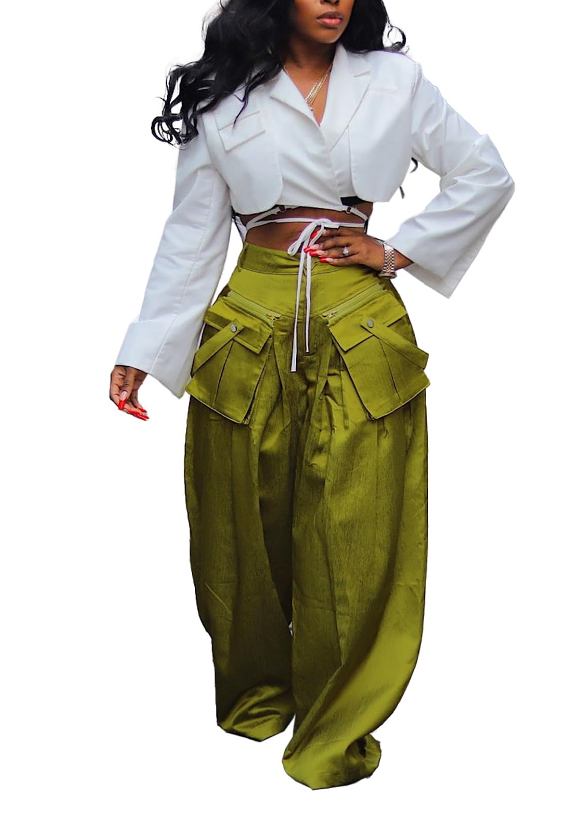 LKOUS Womens High Waist Casual Wide Leg Satin Cargo Pants Loose Dress Pants for Women Lounge Pants with