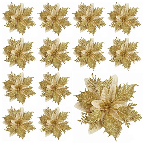 12 Piezas 14cm Flores arbol Navidad Flores Navidad Artificiales Flores Navideñas Roja Flor de Pascua Navidad Flor de Nochebuena Artificial Poinsettia de Brillo Navideño para Decoración de Navidad Cover