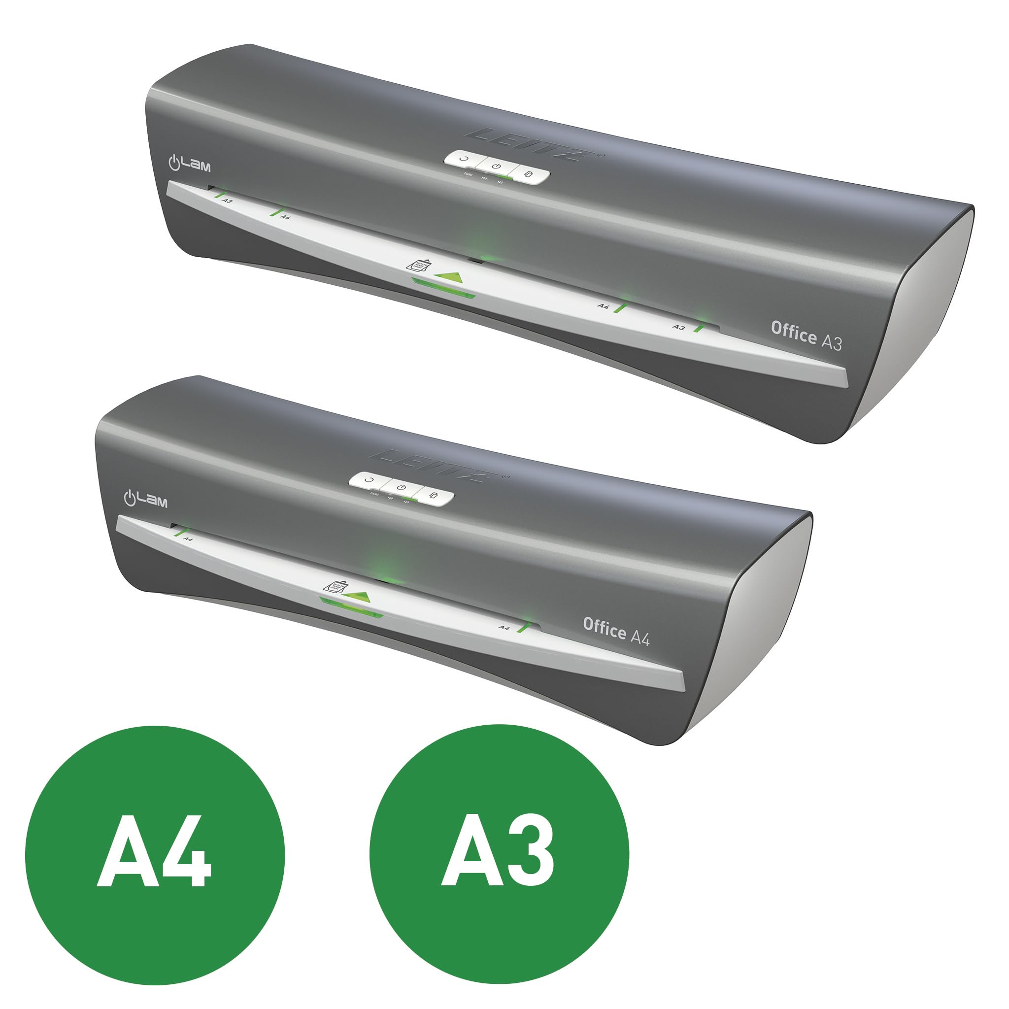 Leitz iLAM Office A4 Laminator, Ekstremalnie szybkie nagrzewanie w 1 minutę, 75-125 Micron, Inteligentny status LED, Automatyczne wyłączanie, Zawiera 5 x A4 worków laminacyjnych, Szary/Biały, 72510084