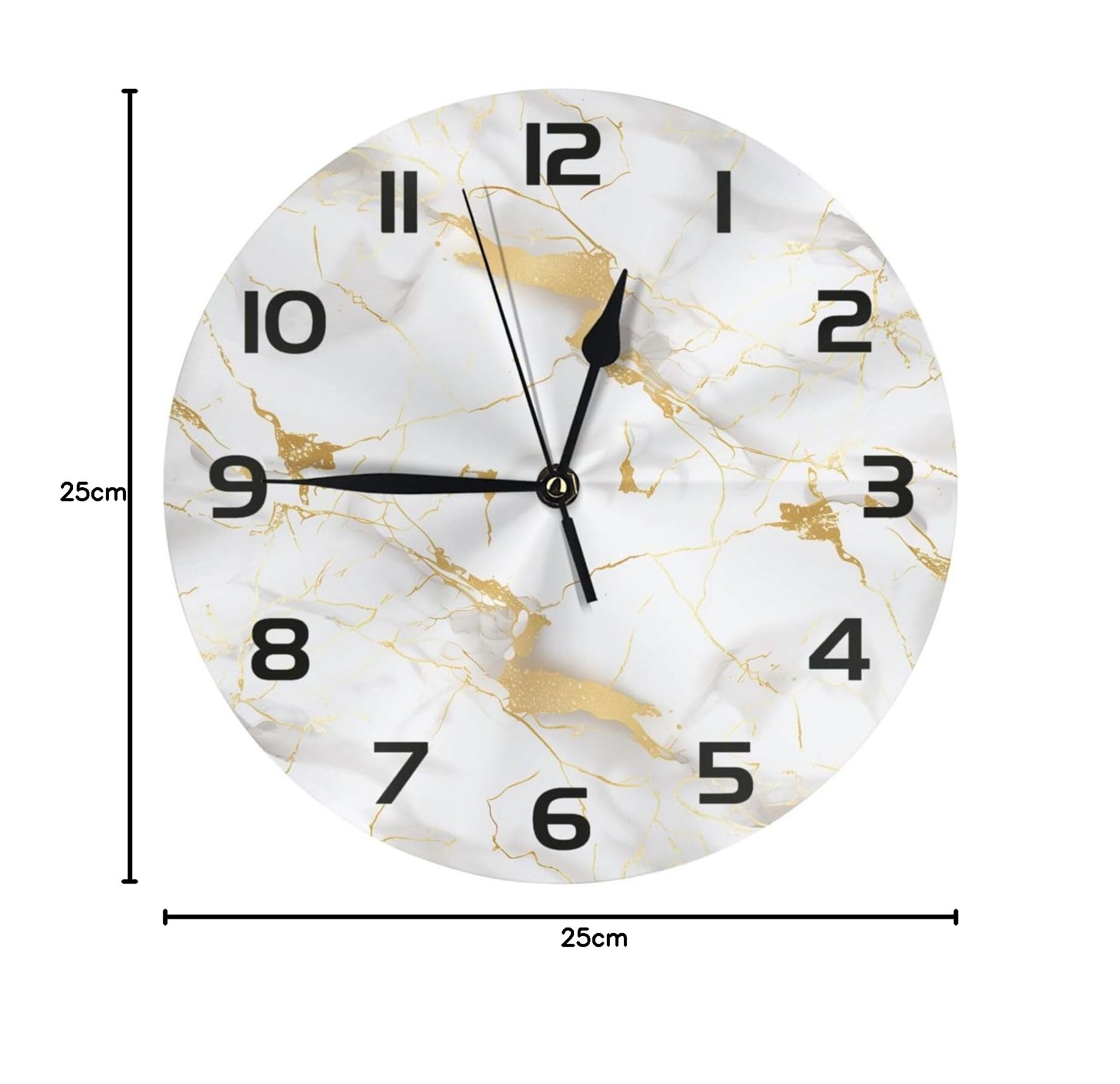 Mexpekil Lautlose Wanduhr aus weißem Gold, Marmor, nicht tickend, 25 cm, runde Wanduhren, batteriebetrieben, moderne dekorative Uhr für Wohnzimmer, Küche, Schlafzimmer, Büro