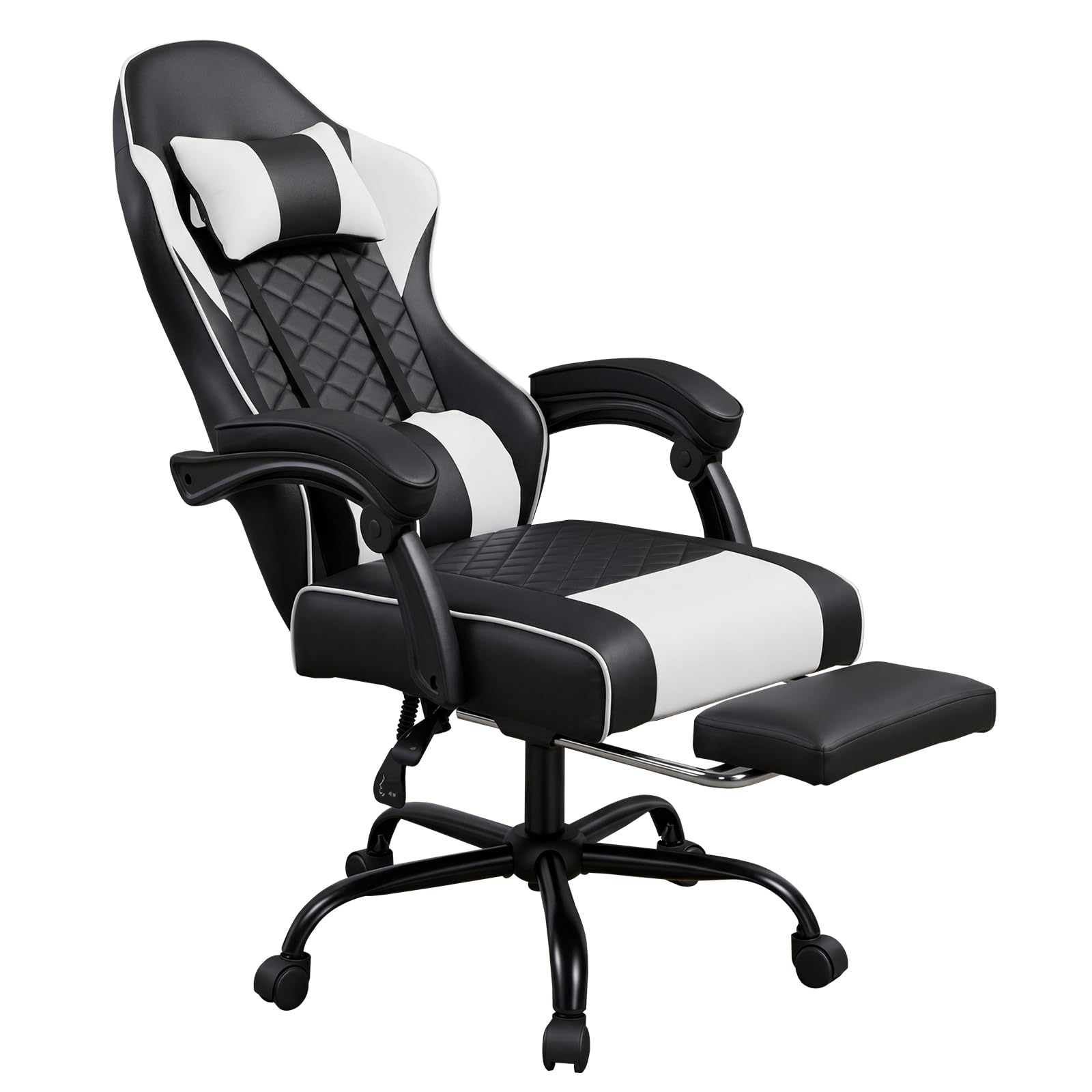 Panana Racing Style Gaming Chair with Footrest, PU Leather, Massage Lumbar Support, Reclining, 360° Swivel Seater Adjustable Height (White)