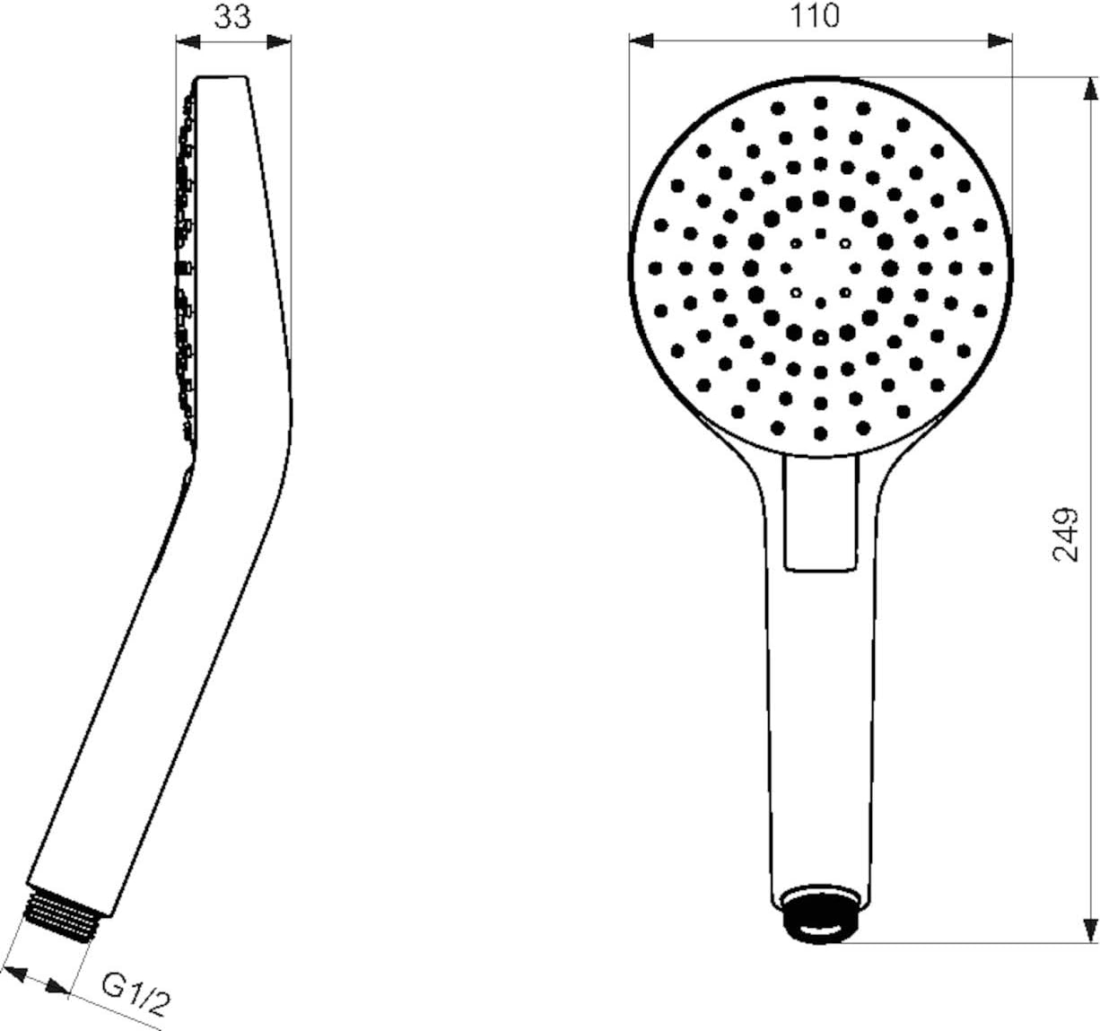 Technical drawing of Ideal Standard Ceratherm T50 hand shower dimensions