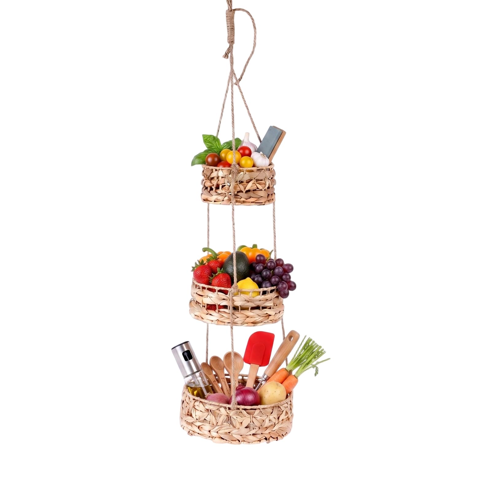 Cesta colgante de 3 niveles para frutas y verduras fresca en cocinas rústicas y modernas