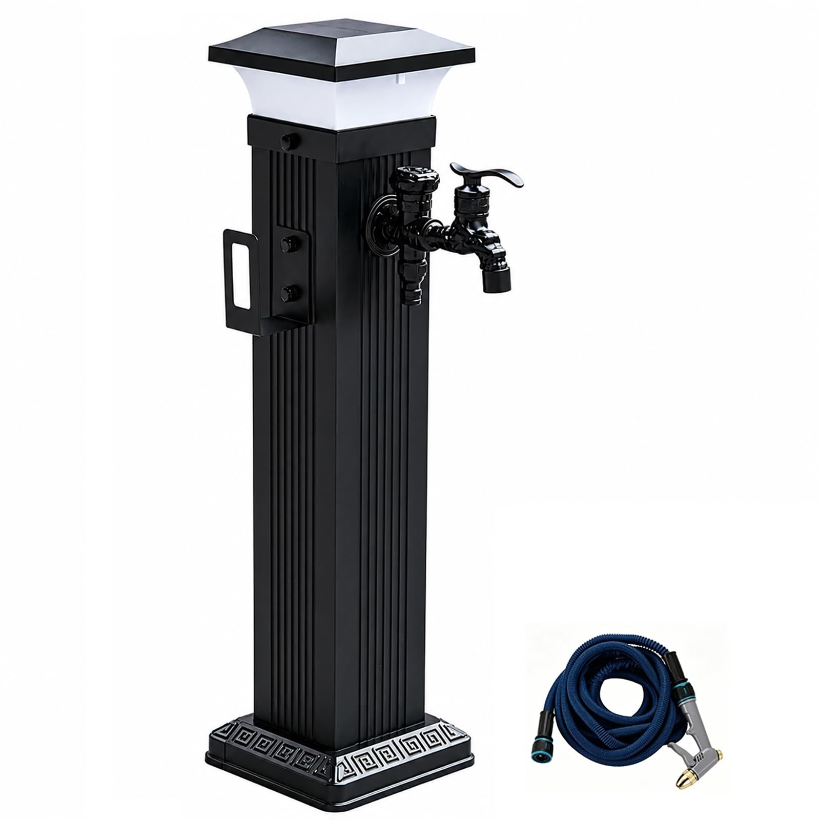Black Solar Garden Water Column, Freestanding Outdoor Water Column with Dual Spigots and Hose Hanger for Backyard, Patio Yard Irrigation(16.5x79cm/6.5x31in)