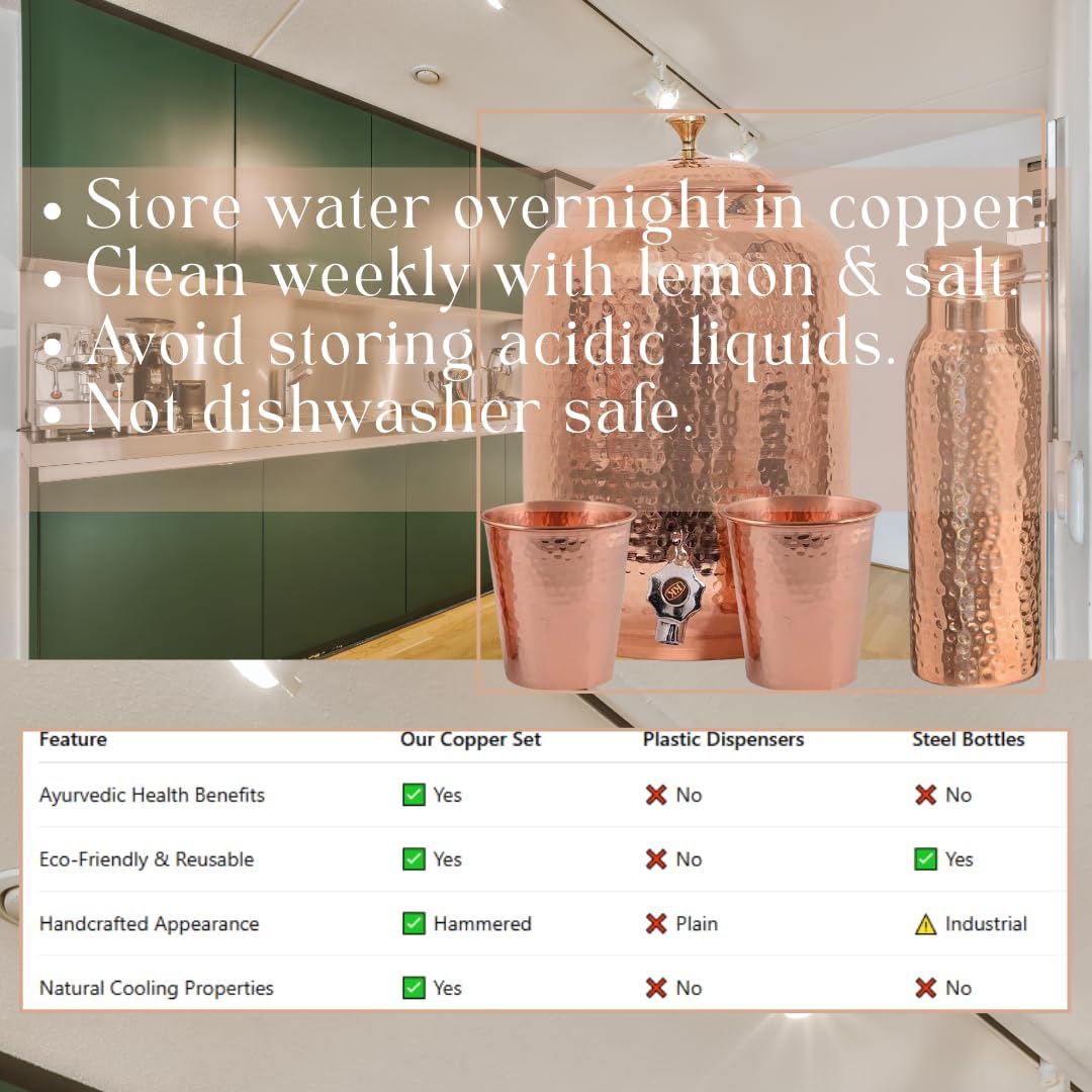 Hammered Pure Copper Water Dispenser Set – 5L Tank with 2 Glasses & 1 Copper Bottle | Handmade Ayurvedic Drinkware for Health,| Leak-Proof Tap & Lid | Elegant Kitchen Décor