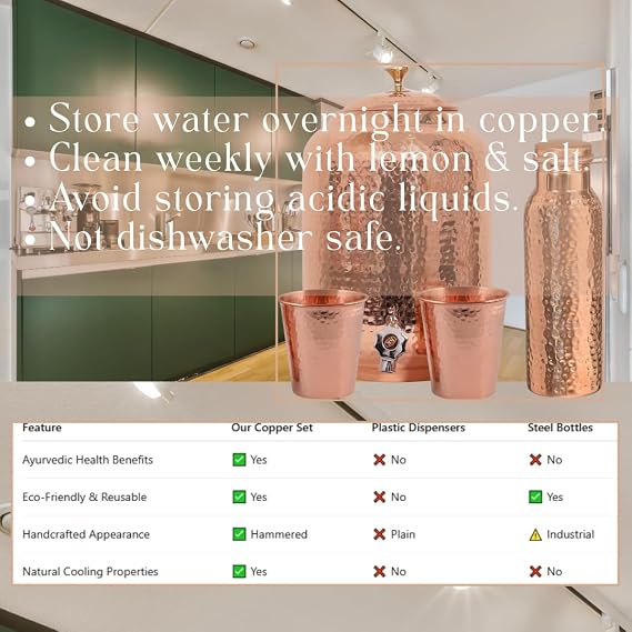 Pure Copper Water Dispenser Hammered Pot with 2 Copper Tumblers & 1 Bottle | Ayurvedic Health Benefits | Large Storage Tank for Healing, Home & Kitchen (4 Liter)