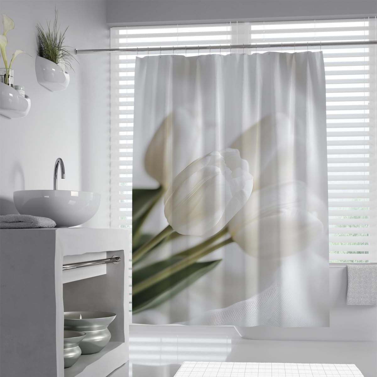 UIRINGART Minimalist White Tulip Shower Curtain W120xL180cm Elegant Flower Pattern Mildew Resistant Waterproof Bath Curtains For Bath Tub With Hooks