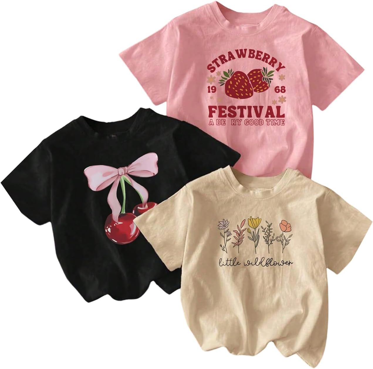 RoseSeek Girl's 3 Pack Cute Graphic Tees Letter Print Crew Neck Short Sleeve T Shirts Set Summer Tops