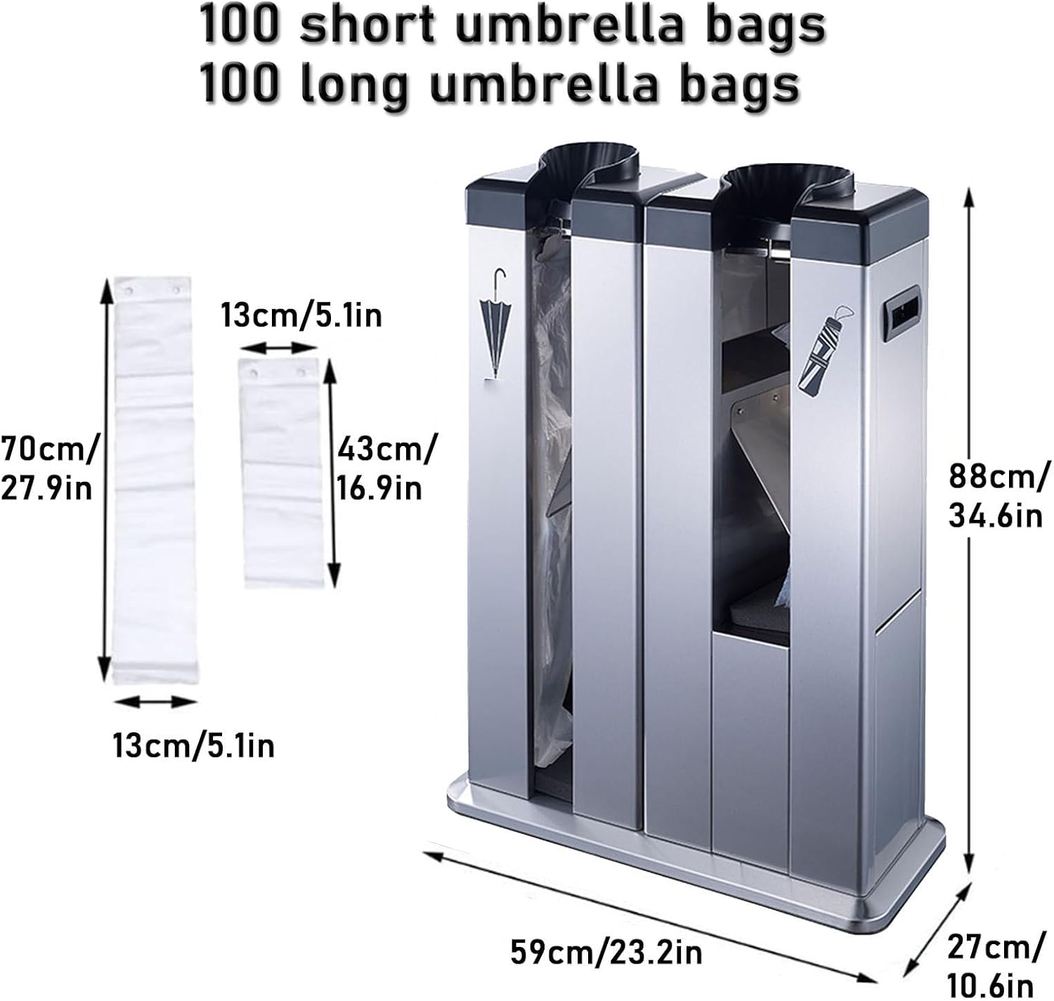 Automatic Wet Umbrella Wrapper Packing Machine | Stainless Steel Bags Dispenser Holder | Double Slots Commercial Umbrellas Bag Dispenser Holder,200 Bags Included(Silver)