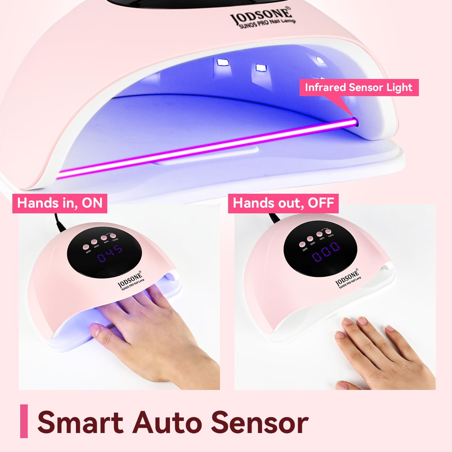 JODSONE Lámpara de uñas semipermanentes UV LED, Lámpara de uñas portátil con sensor automático 4 temporizadores, secador de esmalte en gel para salón y hogar, herramienta de manicure rosa