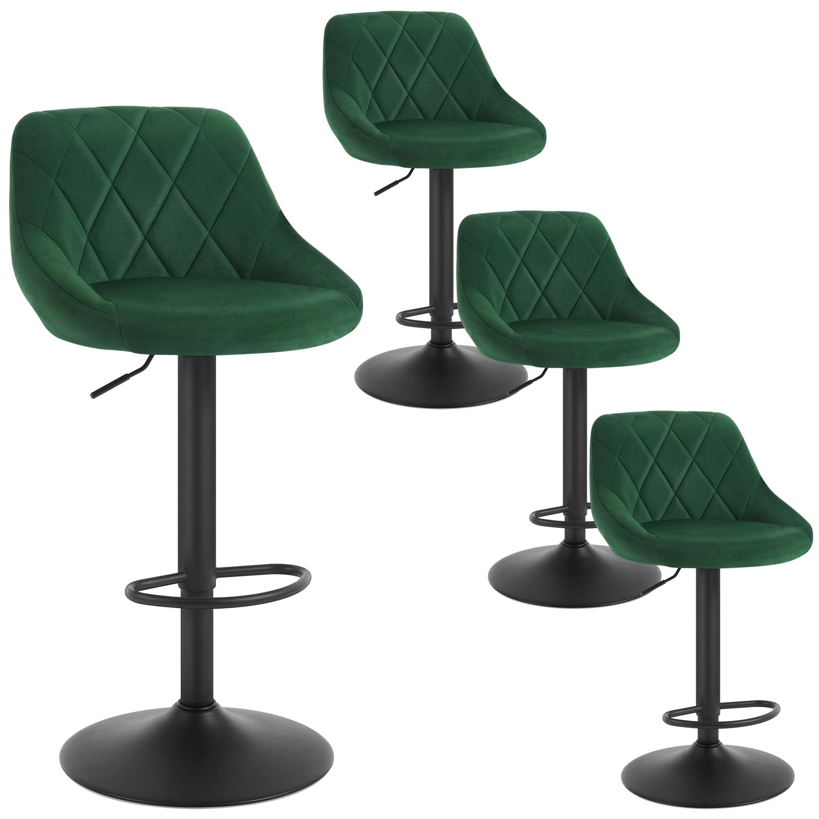 WOLTU Bar Stools Set of 4, Breakfast Bar Chairs, Height Adjustable Swivel Dining Stools for Kitchen Island Home Pub Bistro Barstools with Footrest, Velvet, Dark Green