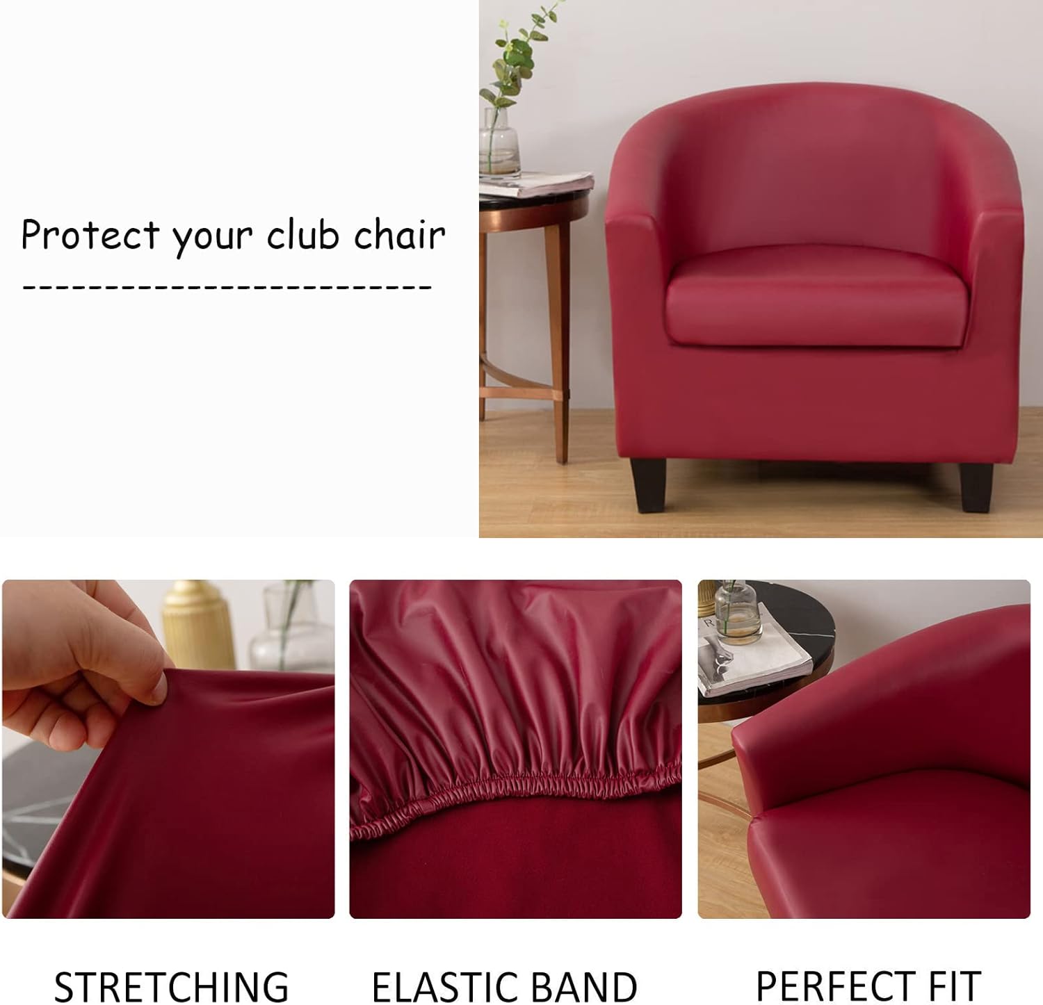 2-Piece Club Chair Slipcover PU Leather with Cushion Cover, Stretch Waterproof Tub Chair Cover, Removable Armchair Furniture Protector for Living Room -Yellow