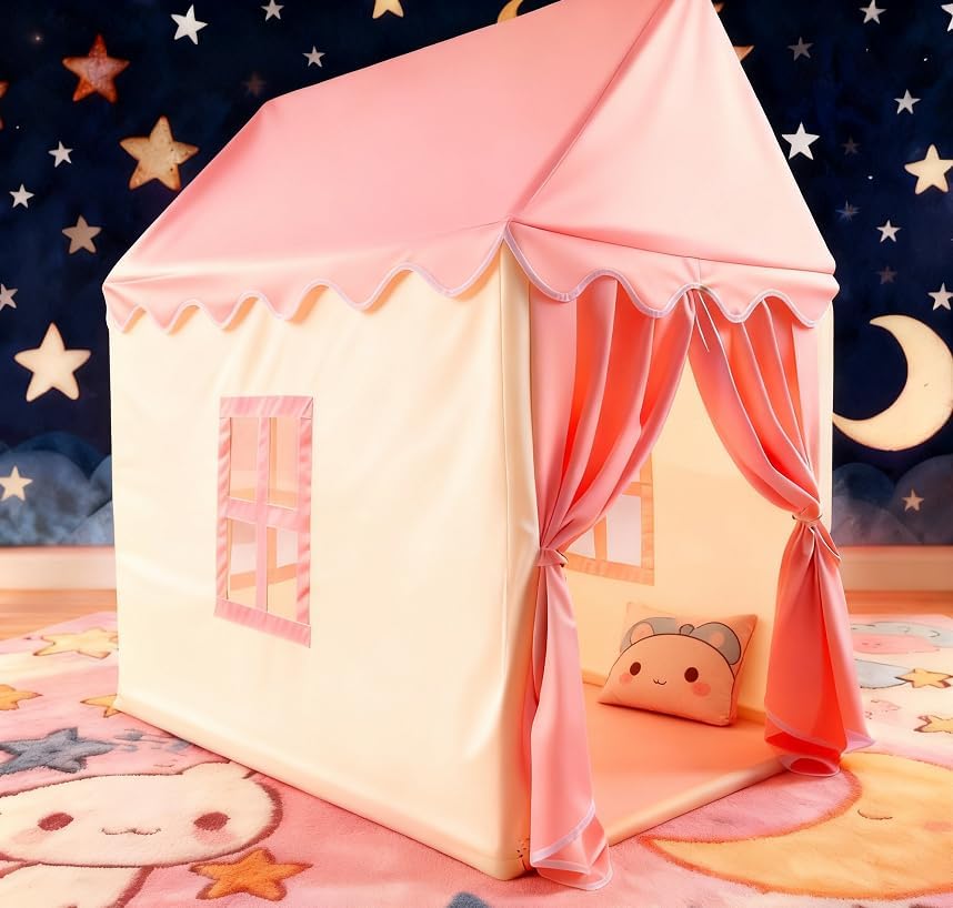 Pink Play Tent House with Curtains — Indoor Princess Playhouse with Soft Fabric Roof & Windows, Stable Frame Structure, Cozy Reading & Play Space for Home Use