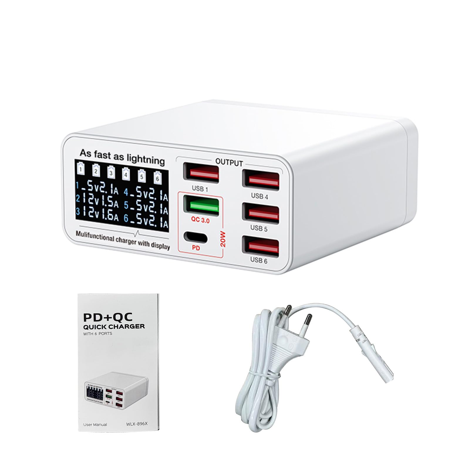 Sxhlseller Stazione di Ricarica USB da 40 W a 6 Porte, Hub di Alimentazione da Tavolo con Display LCD Intelligente |Adattatore Caricabatterie Rapido QC 3.0 PD Tipo C per Tablet e (Spina europea)