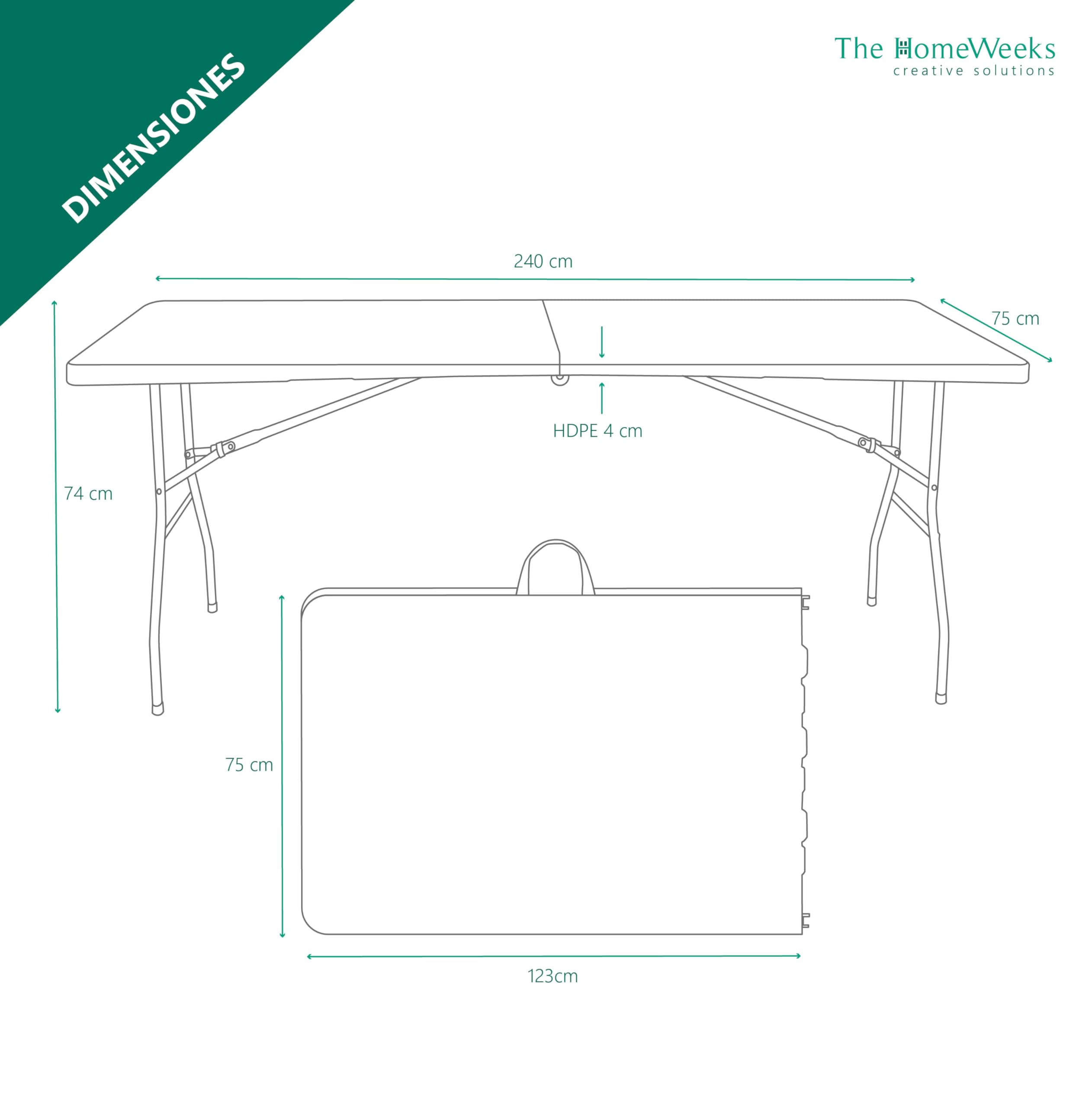 The Homeweeks Mesa Plegable Solid 240cm | portátil | normativa Uso público Interior/Exterior EN 581-1/3 | Tablero Resina HDPE 4cm | Capacidad 8/10 Personas | Carga 150 kg | Multiuso