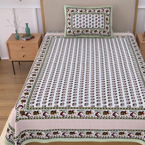 Image of 100% Cotton Single Bedsheet with 1 Pillow Cover | 240 TC Pure Cotton Flat Bed Sheet | Traditional Jaipuri Printed Bedding Set | Soft & Breathable | 60 x 90 Inch (Rangmahal Single 36)