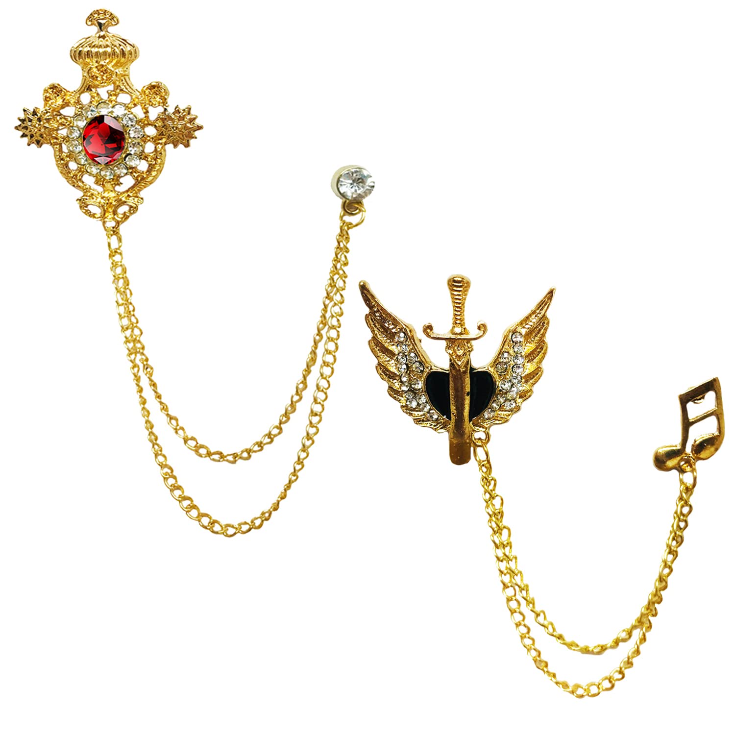 Aarohi10Aarohi Jewells Combo of Golden Crown Red Rhinestone Crystal & Vintage Angel Wing Sword Music Note Collar Pin Brooch (Gold,Black) for Men & Boys ACM-217