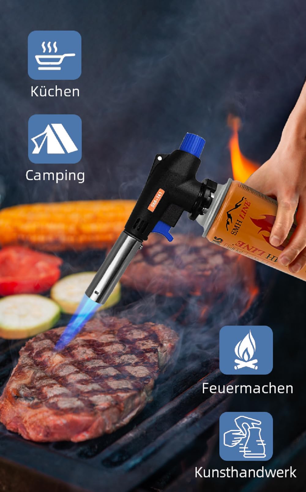 SMH LINE® Gasbrenner inkl. 4x Gaskartuschen 227g Küche Lötlampe Bunsenbrenner 1300°C Lötbrenner Brenneraufsatz Flambiergerät Piezozündung Schweißbrenner (Gasbrenner mit 4x gas)