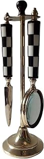 Brass Magnifying Glass & Letter Opener Set with Stand | Checkered Handles, Desk Accessory, Includes Stand, Brass Finish, 2-Piece Set