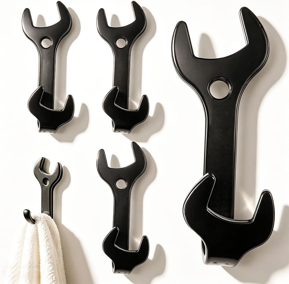 4 pcs Vintage Wrench Shape Hooks, Wrench Wall Hooks, 3.14 Inch Heavy Duty Industrial Metal Hook with Screws for Garage, Bathroom, Coat Rack, Towel Hanger, Gift for Men, Matte Black