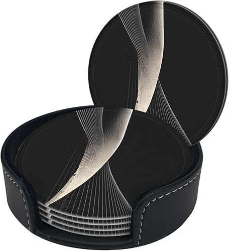 Miniatura 2 de Drink Coasters Set of 6, Abstract Curves Printed PU Leather Round Coaster with Holder for Outdoor, Office, Bar, Funny Heat-Resistant Home Desk Decor