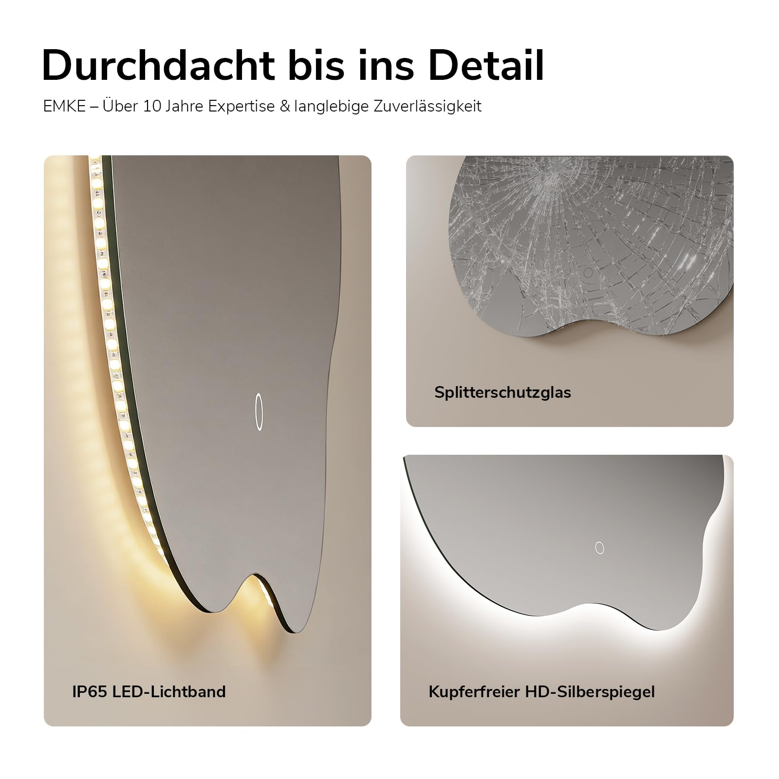 EMKE Badspiegel mit Beleuchtung Asymmetrisch 50 × 45 cm, LED Badezimmerspiegel mit Anti-Beschlag, 3 Lichtfarben & Dimmfunktion, Touch-Sensor, Wandspiegel für Bad, Flur, Schlafzimmer