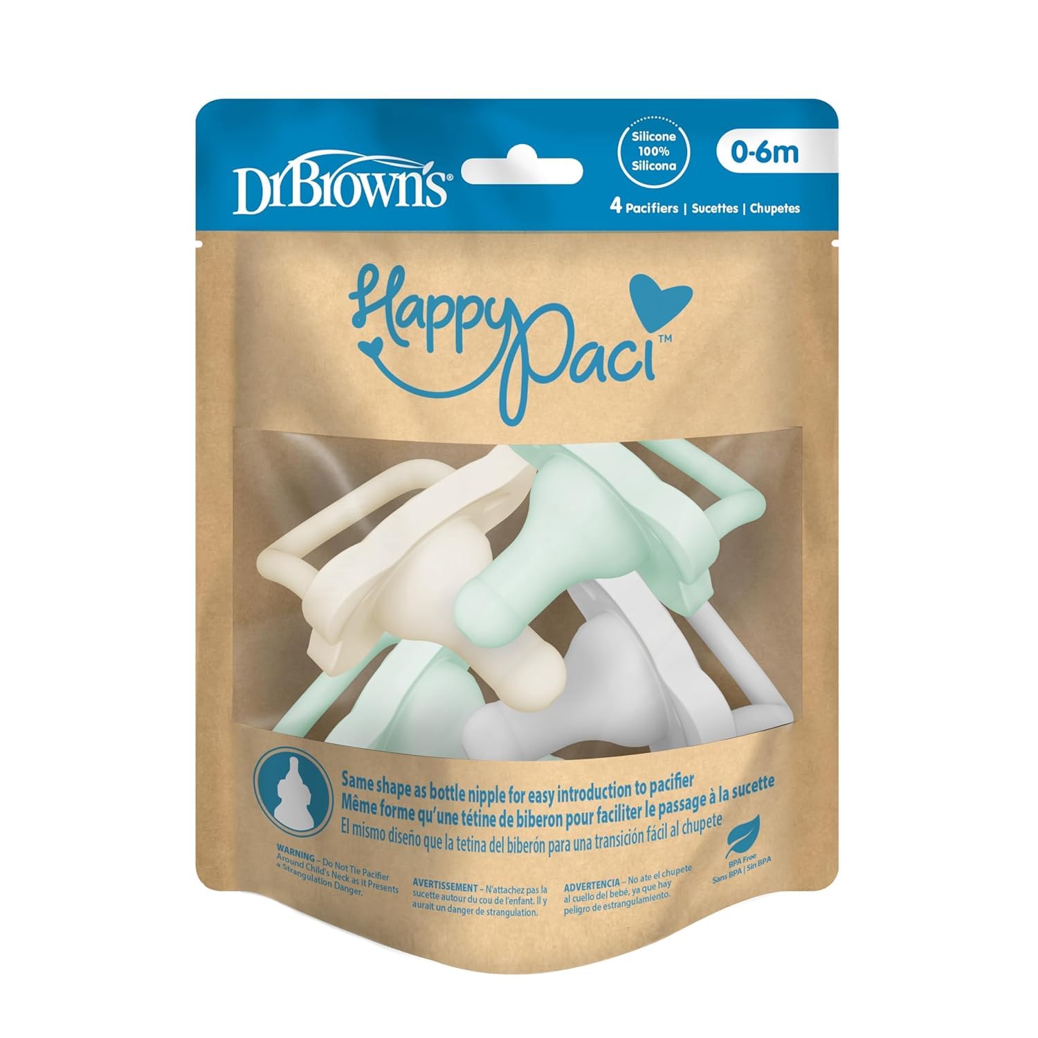 Dr. Brown's HappyPaci 100% Silicone Baby Pacifier, Contoured One-Piece Design, Gray, Green, Ecru, 0-6m, BPA-Free, 8-Pack