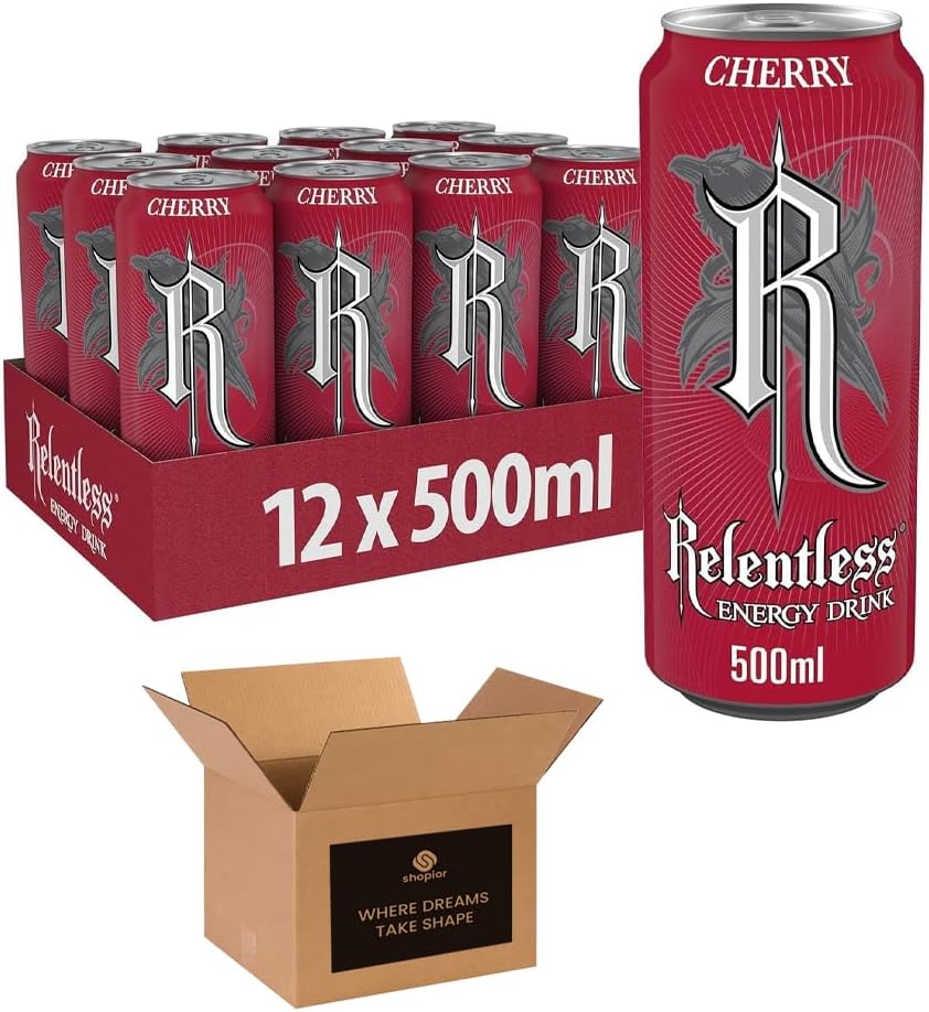 Shopior Energy Drink   Mixed Flavours Including Cherry, Original, Fruit Punch, Guava & White Citrus | Refreshing Energy Boost for Gym, Gaming, Study & Parties Relentless Cherry - 500ml x 12Pack