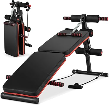 Goplus 7 in 1 Sit up Bench, Foldable Decline Incline Bench w/4 Position Adjustable Height & 2 Elastic Ropes for Strength Training, Curved AB Slant Board Workout Equipment for Home Gym Fitness, 330 LBS