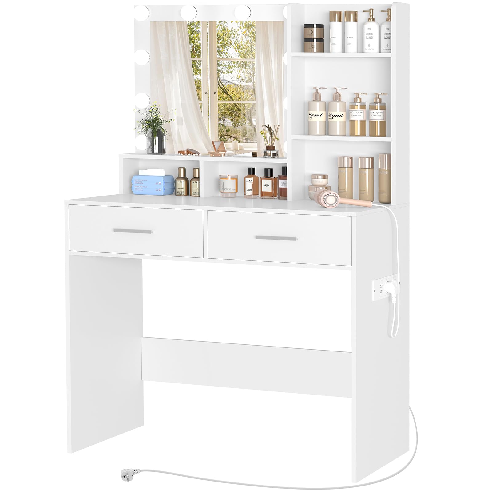 Usikey Tocador de Maquillaje Con Iluminación LED y Enchufe, Mesa Con Espejo, 2 Cajones y 2 Estantes, Estilo Moderno, Vanity Para Dormitorio, Blanco