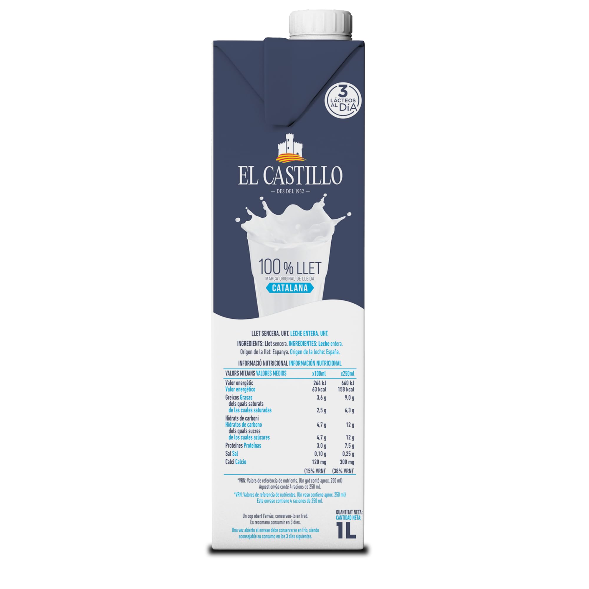 El Castillo Leche Entera Rica en Calcio y Proteínas Sin Gluten Sin Azúcares Añadidos Pack 6x1L