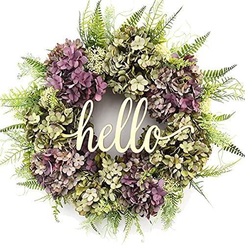 LLGL Couronne d'automne Artificielle de 20 Pouces avec Carte de Bienvenue, Couronne d'hortensia de Porte d'entrée, adaptée à la décoration de la Maison et à la décoration Murale (Green Purple) Cover