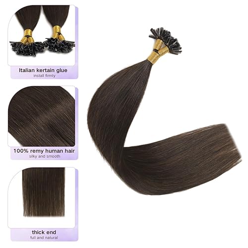 Miniatura 4 de Sindra Puntas de extensiones de uñas, cabello humano real, color marrón oscuro, 18 pulgadas, 50 hebras, 1.76 oz, queratina en U, extensiones de