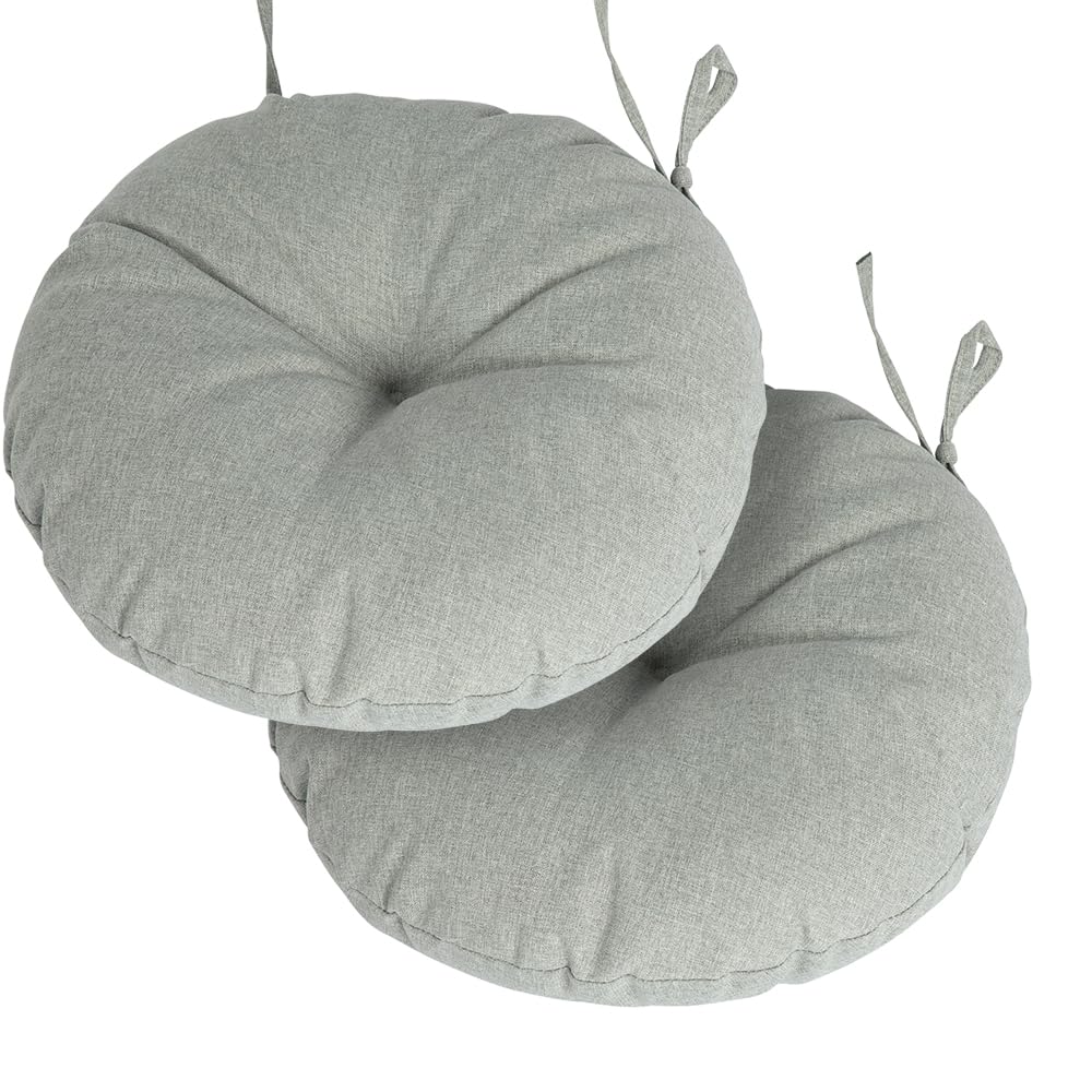 Outdoor 15"x15"x4" Round Bistro Seat Cushions with Ties Set of 2, Tufted Waterproof Patio Floor Chair Pads for Home Garden Balcony Kitchen Office Porch, Grey