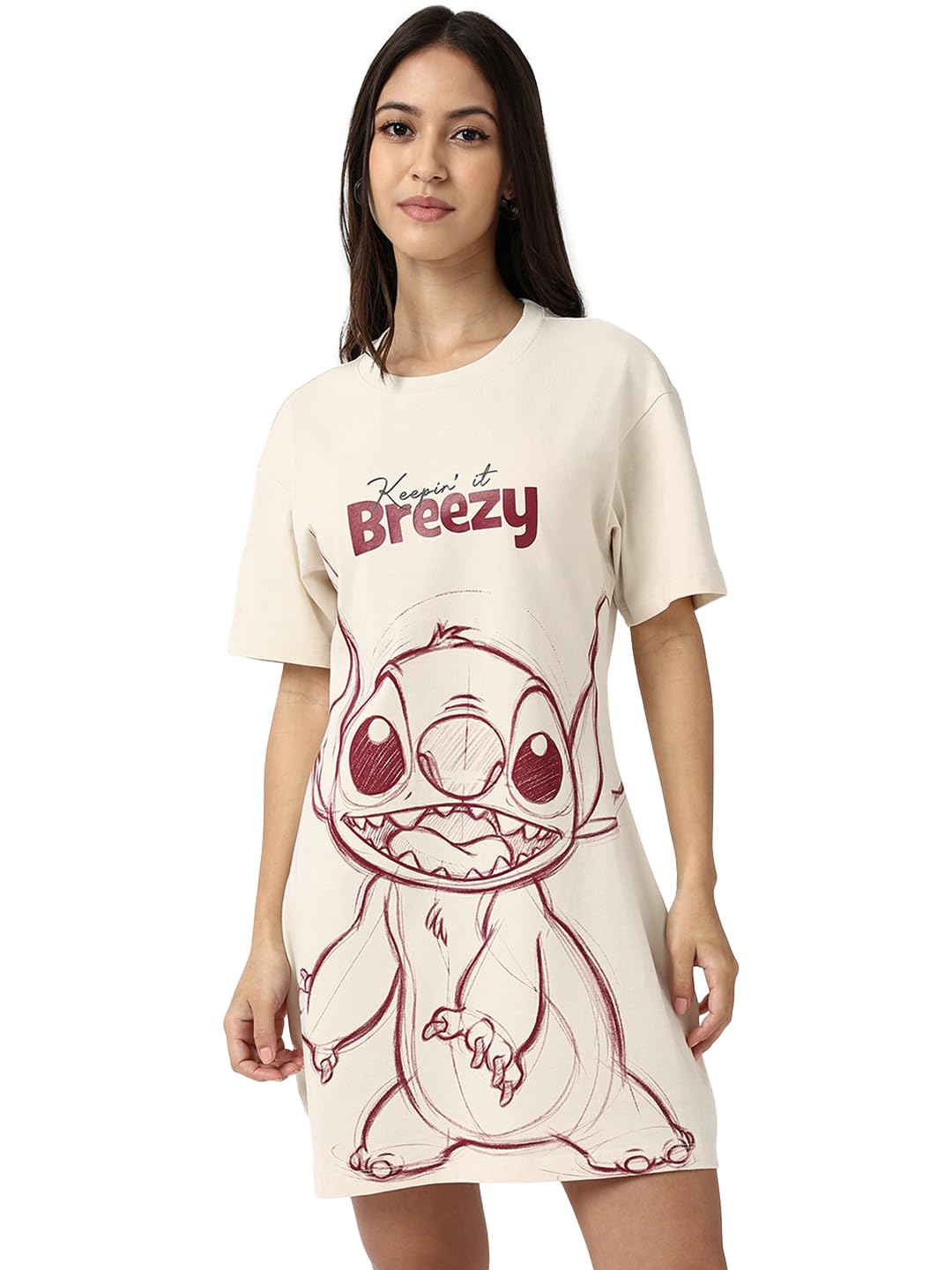 Bewakoof Official Disney Merchandise Stitch Women's Graphic Print Regular Fit Half Sleeve Round Neck Pure Cotton T-Shirt Dress in multi